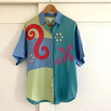 90s VINTAGE 구제 의류 실크 와이드 반팔 셔츠 CITYSHOP 새상품급