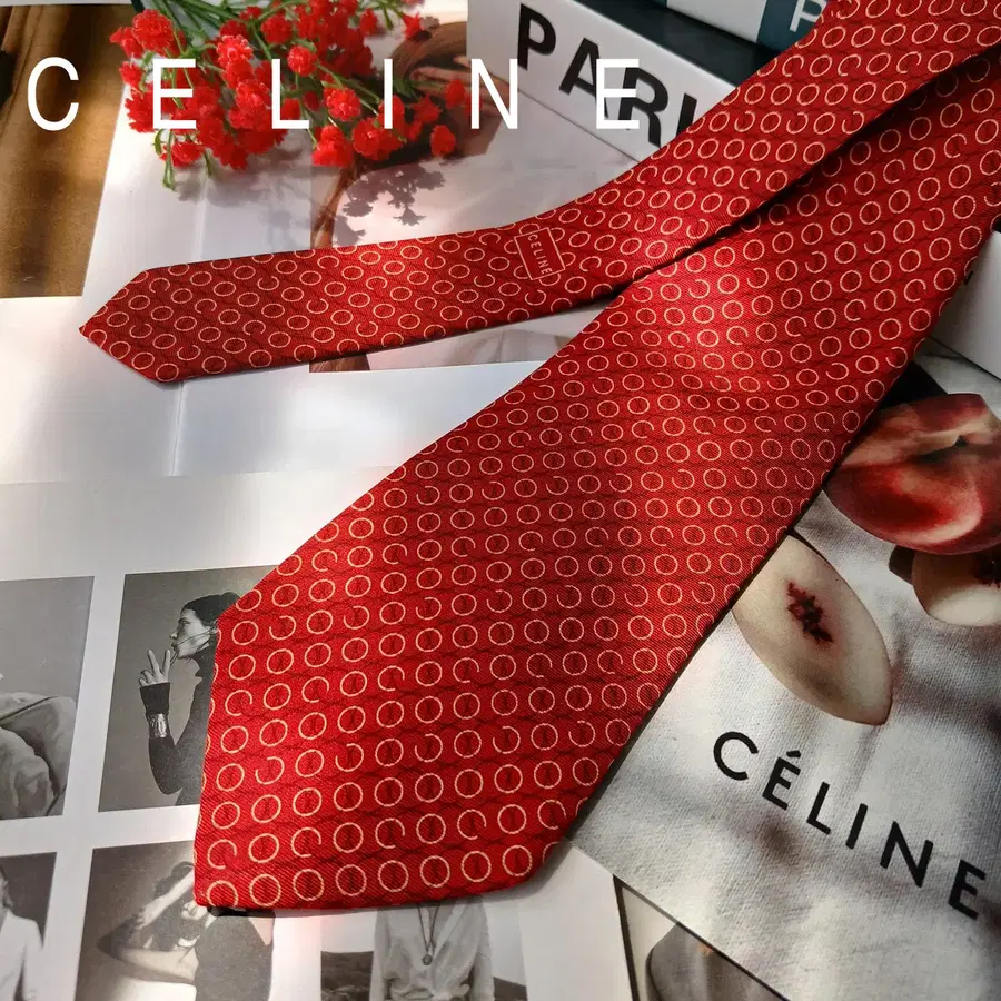 CELINE 셀린느 실크 레드 서클 패턴 넥타이 9cm A+등급 E1754