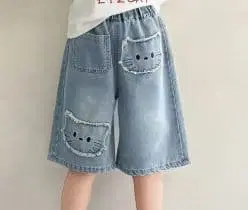 고양이 모티브 데님 하프 팬츠 와이드 팬츠