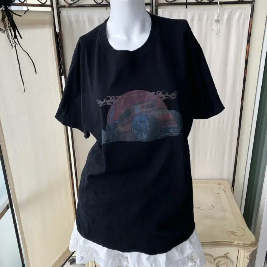 블랙 타이어카 프린팅 반팔 1387 모리걸 일본빈티지 y2k 스트릿 갸루 펑키 fabric - size 어깨49 가슴53 총장71 소매21 단면측정으로 측정 방법에 따라 약간의 오