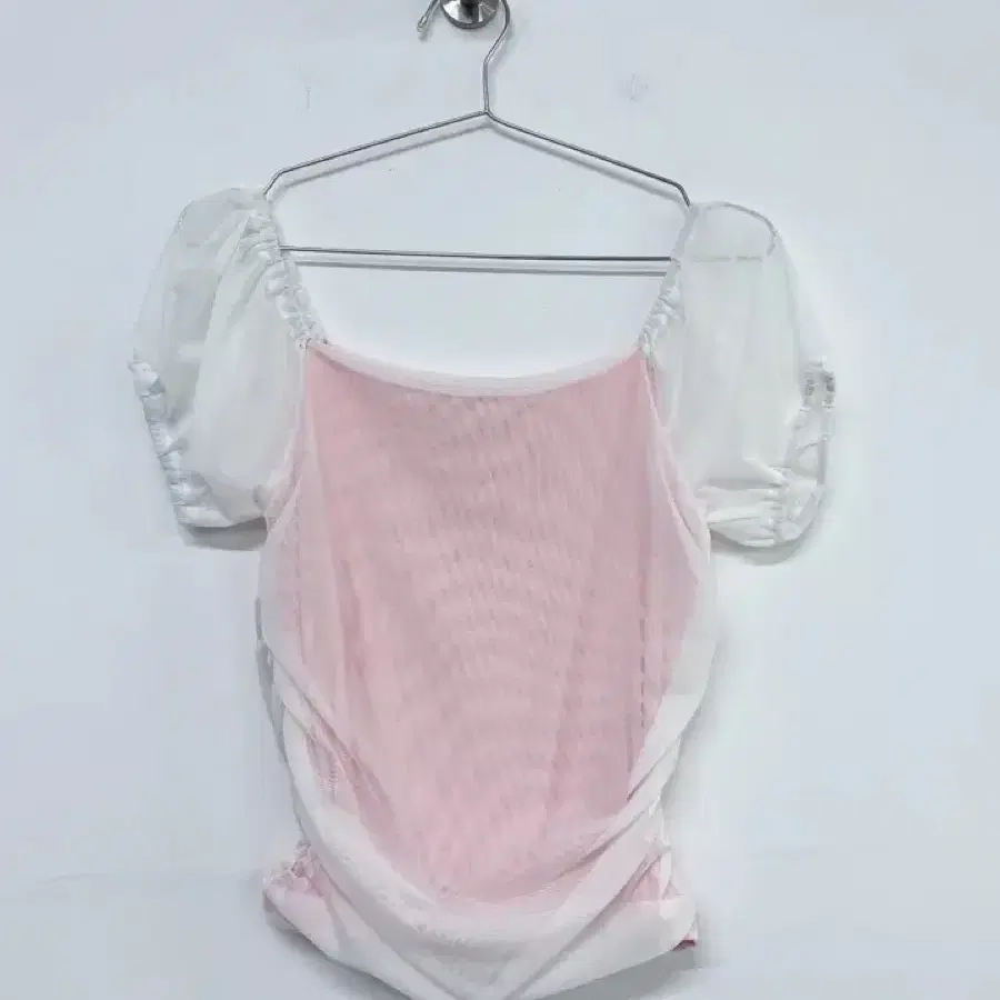 여성 블라우스 셔링 퍼프 소매 핑크 화이트