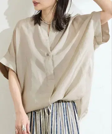 미사용 택 포함 저널 스탠다드 시어 린넨 노카라 블라우스 그레이