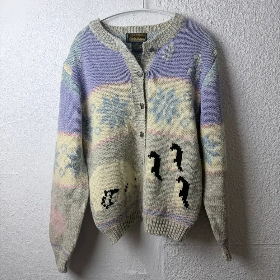 80s Eddie Bauer 펭귄 스노우플레이크 패턴 가디건
