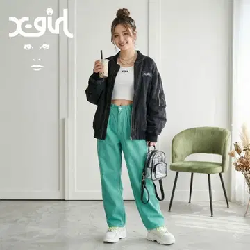 X-girl 엑스걸 턱 와이드 팬츠 그린 면 100% XS