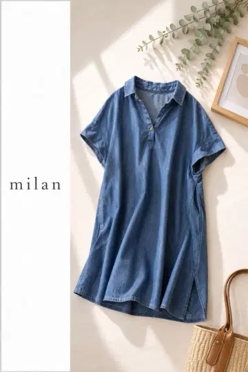 MILAN 밀라노 데님풍 셔츠 원피스 블루 루즈핏 반팔