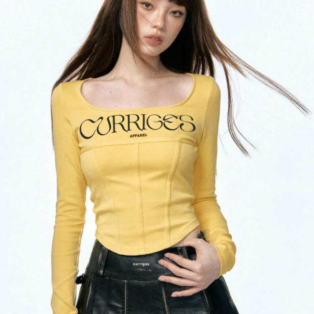 레터 패턴 라운드 넥 슬림핏 긴팔 티셔츠