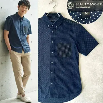 BEAUTY&YOUTH 도트 무늬 크레이지 패턴 반팔 셔츠 네이비 면 M