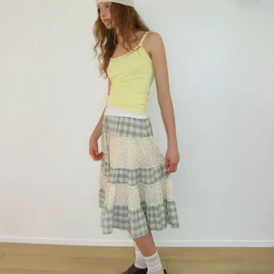 론론 floral check patchwork mid skirt 체크 스커트 그린