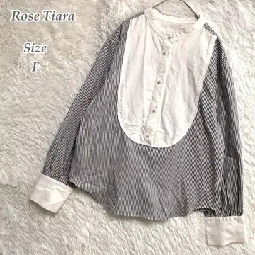 Rose Tiara 스트라이프 절개 밴드 카라 셔츠 블라우스 F 긴팔 배색