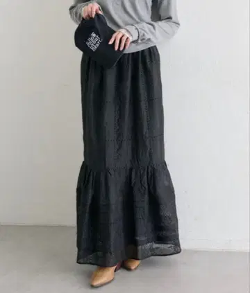 mystic 롱 스커트 패널 레이스 개더 스커트