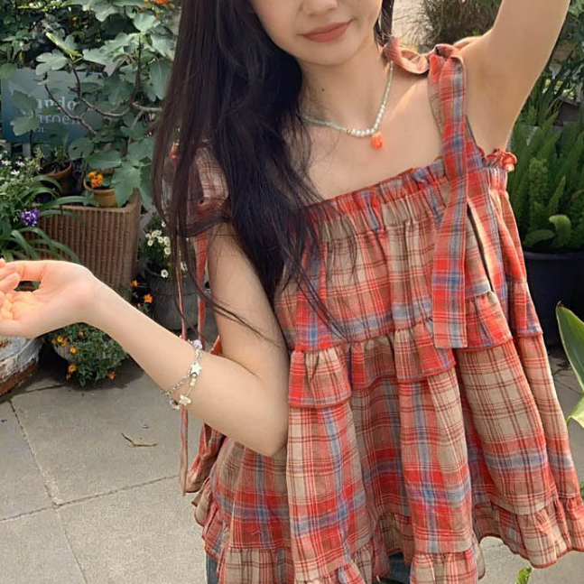 레드체크 블라우스