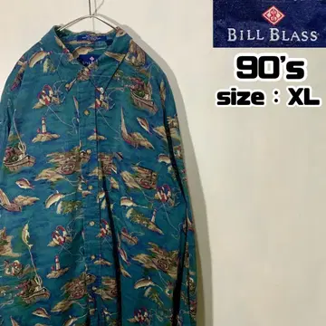 90s BILL BLASS 버튼 다운 긴팔 셔츠 올 패턴 마린 해양 L