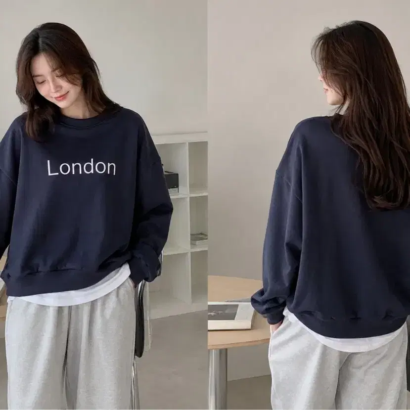 런던 레터링 맨투맨 네이비 여성 퀄리티 가을티 긴팔