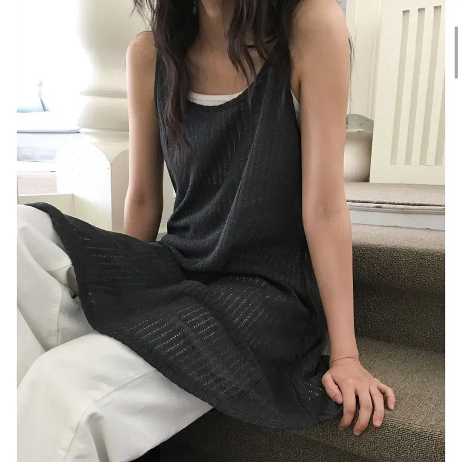 데일리쥬 로린다 사선 펀칭 끈나시 레이어드 원피스