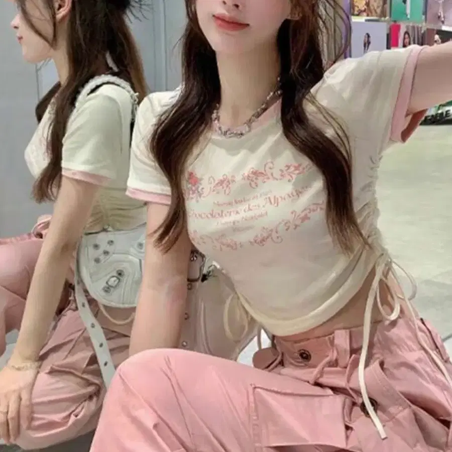 러블리 셔링 크롭 티셔츠 핑크