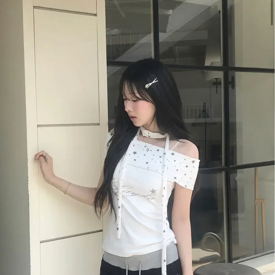 스타 레터링 오프숄더 + 타이set