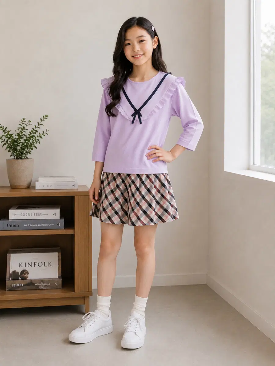 140사이즈 닥스키즈 체크 MIX 데일리 원피스 체크 정품 6부 보라색