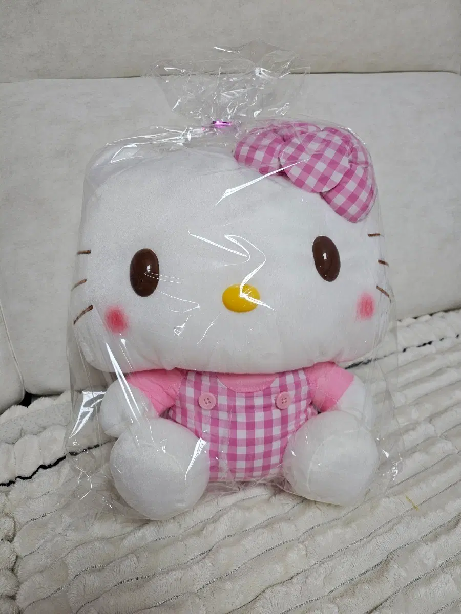 고전헬로키티 인형 레트로 핑크 체크 멜빵 대형키티인형