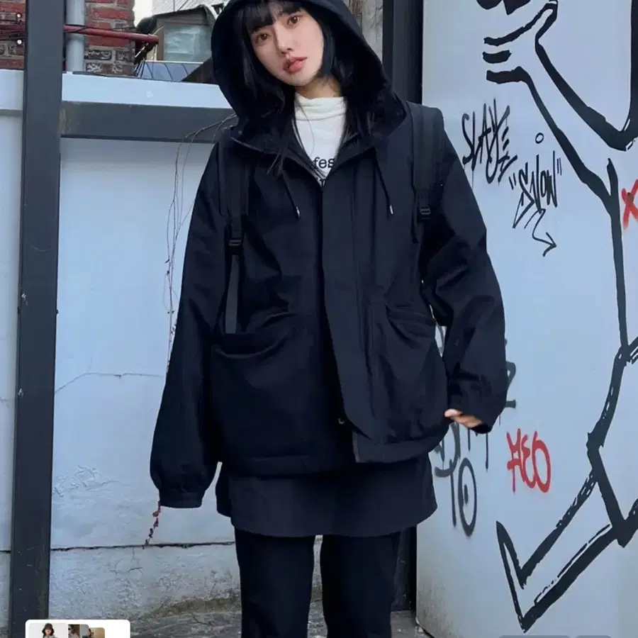 코드그라피 워시드 코튼 후드집업 블랙 m