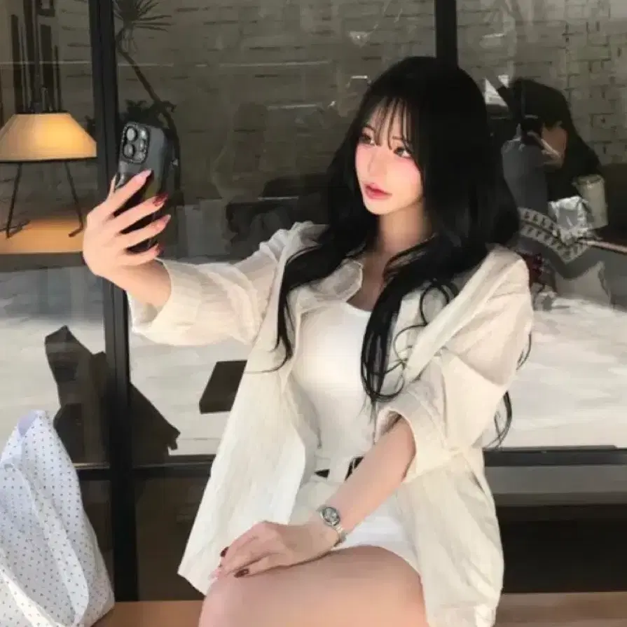 살안타템 린넨 스트라이프 셔츠 남방 크림아이보리