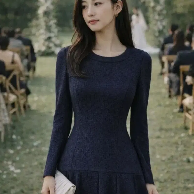 (친구결혼식 하객룩)JJ지고트 프리미엄 빈티지 네이비 자카드 플레어 원피스(44~날씬55)