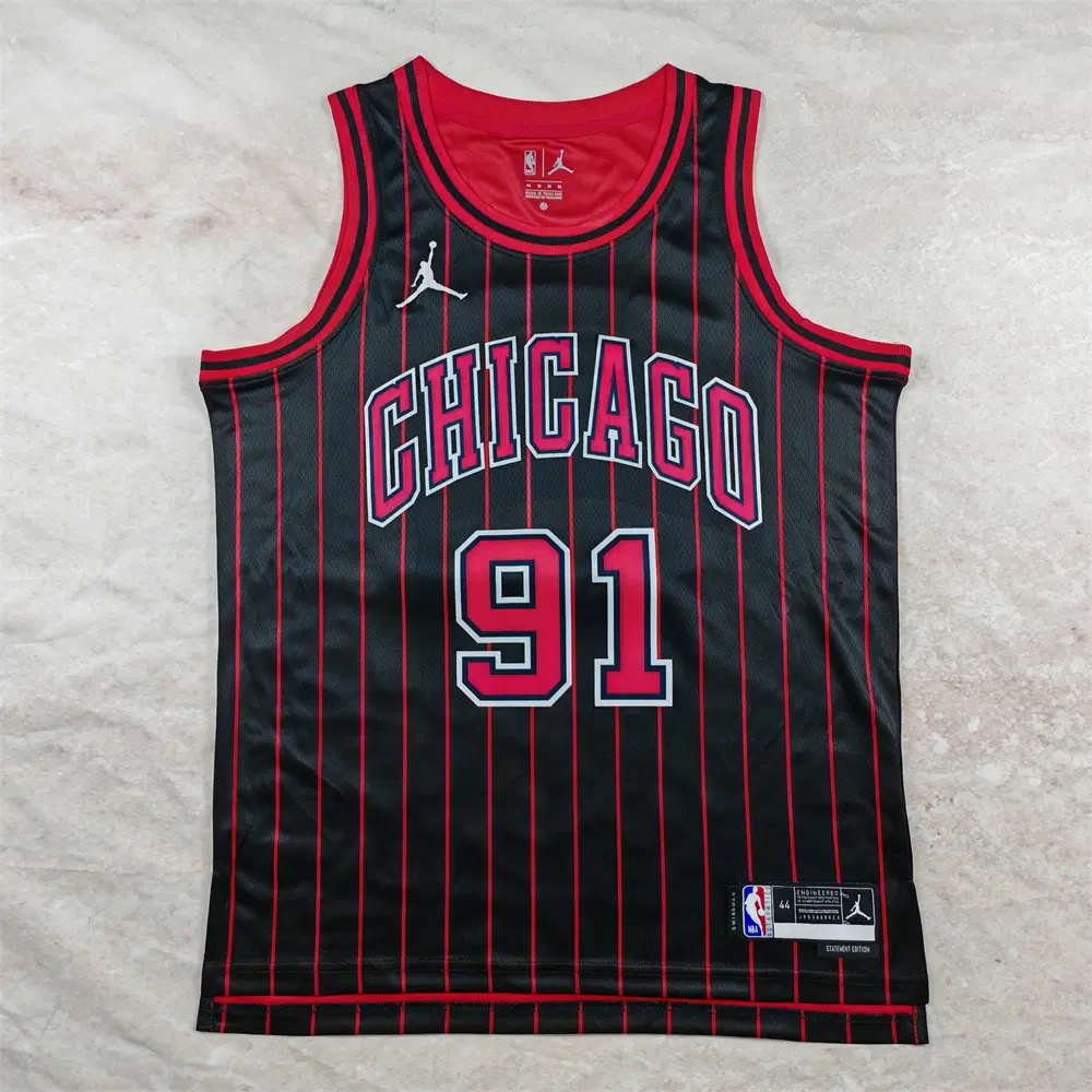 NBA 농구 유니폼 2026년형 시카고 불스 91번 검은색 레드 스트라이프 열압축 유니폼 RODMAN