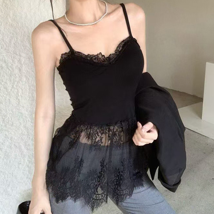 레이어드 레이스 민소매티 나시티 캡내장