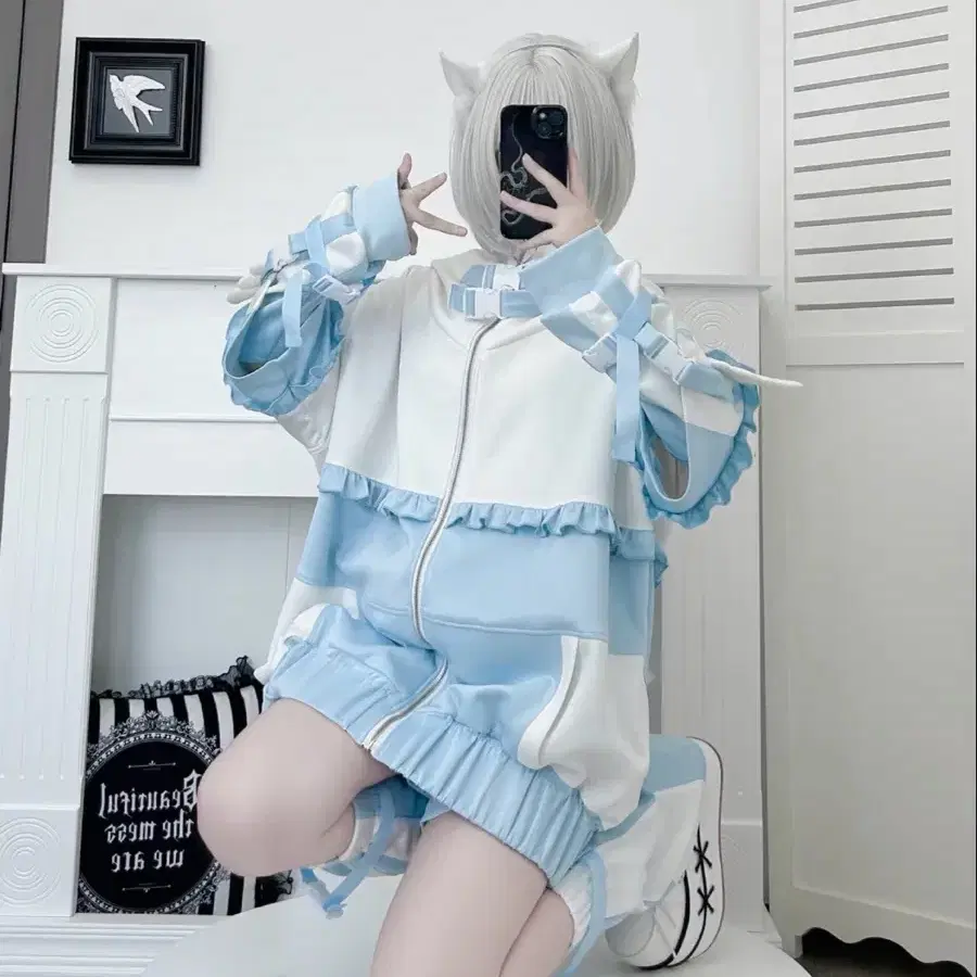 양산형 서브컬처 수색 레이어드 져지+반바지+레그워머 세트(예약판매)