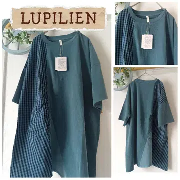 새상품 LUPILIEN 깅엄 체크 절개 T셔츠 블루그린 튜닉 기장