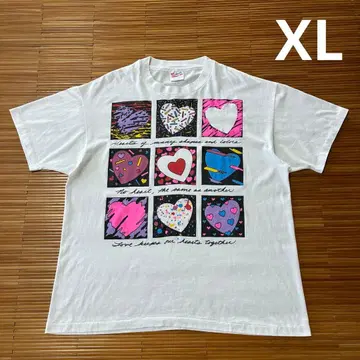 90s USA제 Hanes 하트 T셔츠 XL 화이트 아트 프린트