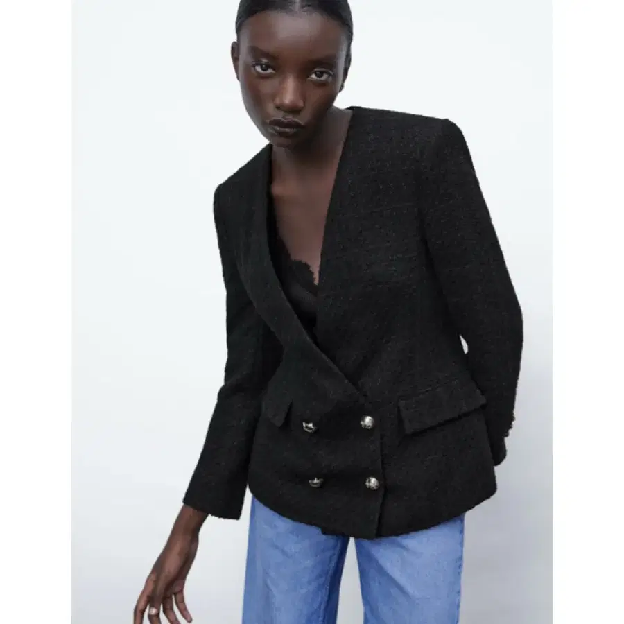 ZARA 자라 트위드 더블 버튼 자켓 블랙 S