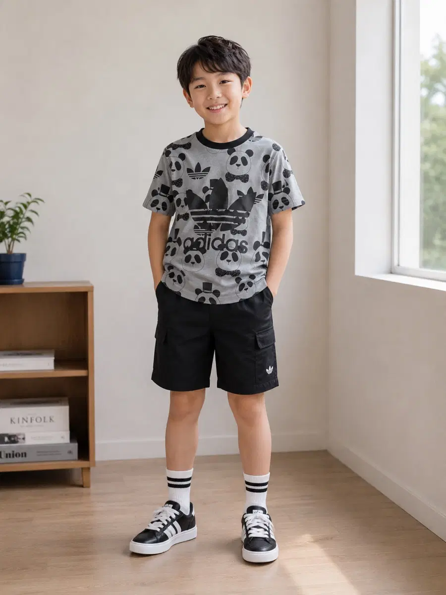130사이즈 미니로디니 아디다스 콜라보 팬더 반팔티셔츠 정품 블랙
