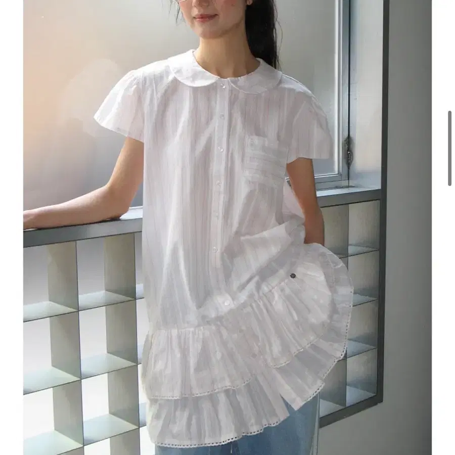론론 ROUND COLLAR FRILL KANGKANG SHIRT DRESS PINK STRIPE