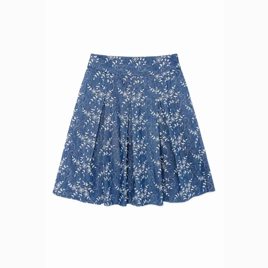 LAURA ASHLEY 로라 애슐리 코튼 100% 인디고 자수 플라워 스커트 - Women (6633)