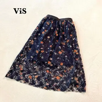 ViS 꽃무늬 전체 레이스 롱 스커트 F 네이비 플레어 허리밴딩