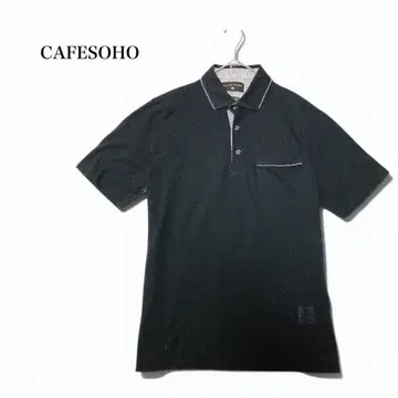 CAFESOHO 면 린넨 반팔 피케 셔츠 블랙 심플 가슴 포켓 무지 일본제