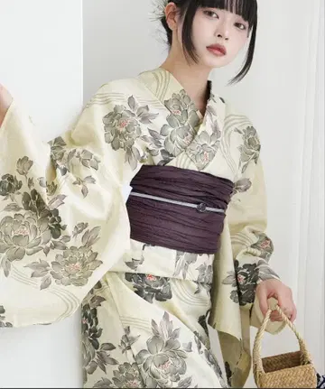 유카타 오비 세트 크림색 바탕 모란 무늬