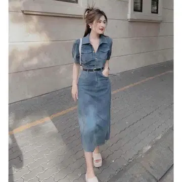 데님 셔츠 원피스 롱 기장 벨트 포함
