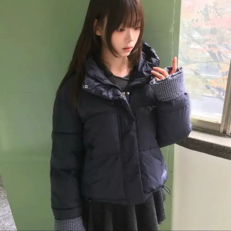 사키 체크 숏패딩