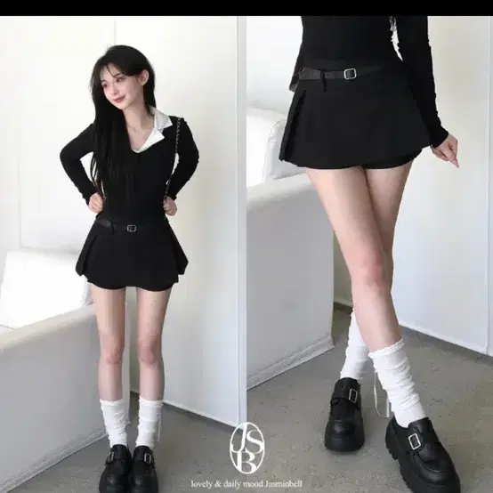 블랙 플리츠 미니스커트 (벨트)