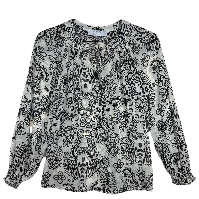 PRIMARK 페이즐리 블라우스 스모크 소매 보헤미안 쉬폰 셔츠 [10 UK/IRL 38 EUR 6 USA 42 IT] 폴리에스터 100%