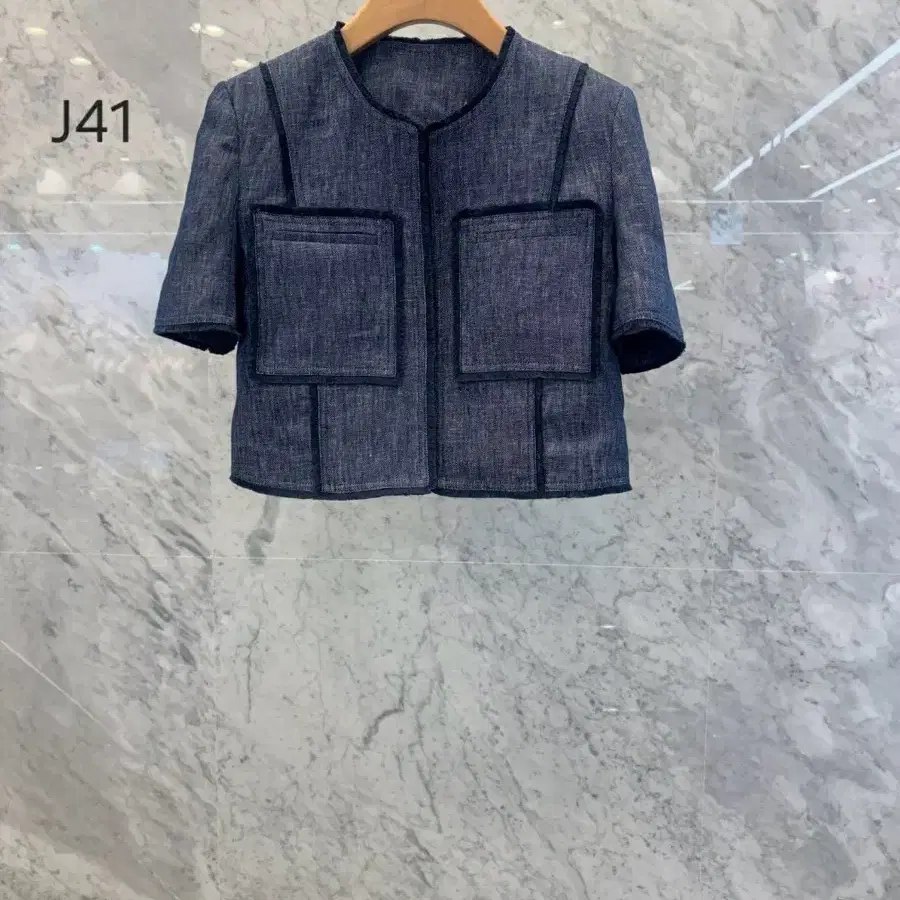 js뉴욕스타일신상(당일발송)라운드 프린지 배색 네이비 반팔 린넨자켓