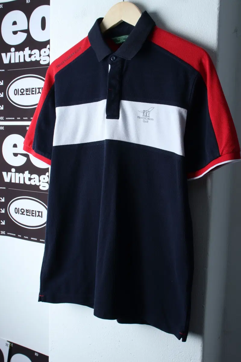 (L-XL) 헨리코튼 반팔 카라 티셔츠 골프 배색 네이비-H36768