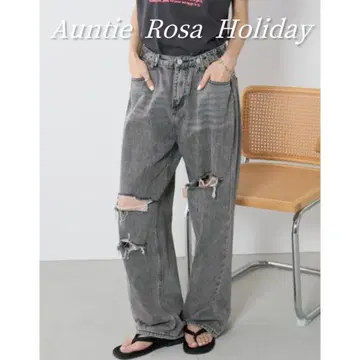 Auntie Rosa Holiday 데미지 데님 팬츠 와이드 팬츠