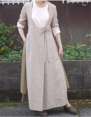 실크 린넨 직조 패턴 오픈 빕 가운