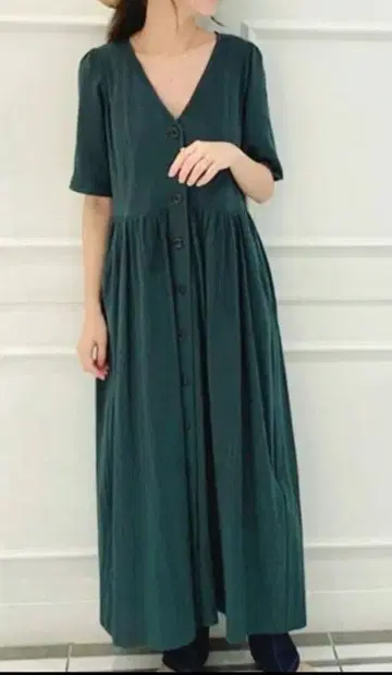 SLOBE IENA 프론트 버튼 V넥 롱 원피스 38 그린