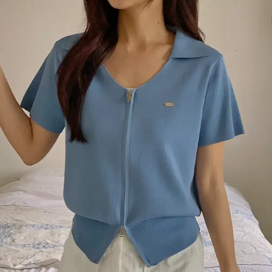 카라 반팔 투웨이 니트 집업