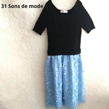 31 Sons de mode 도킹 원피스 반팔 꽃무늬 블랙 스카이블루