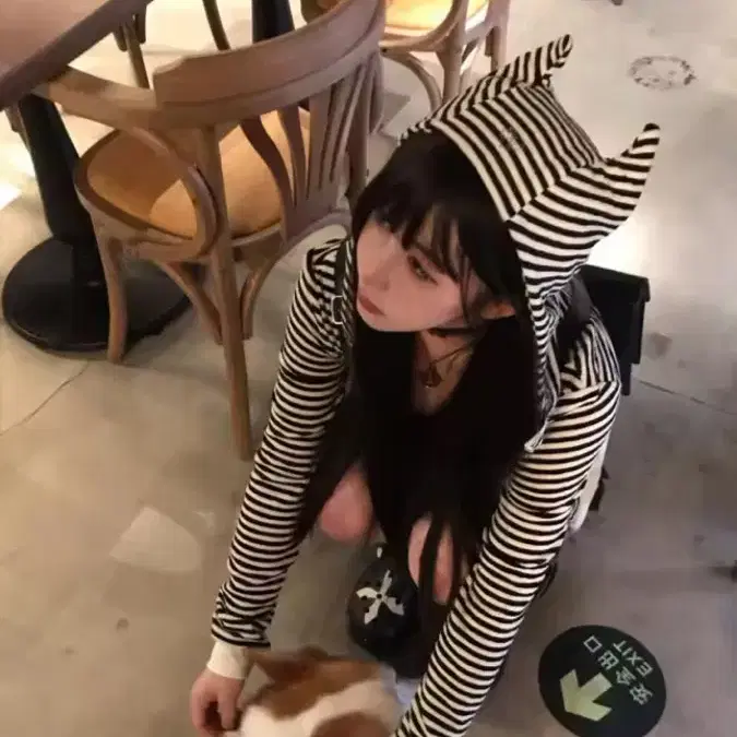 스트라이프 고양이 귀 후드집업