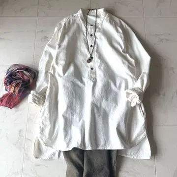 네스트로브 밴드 카라 코튼 셔츠 화이트 루즈핏 포켓 일본제